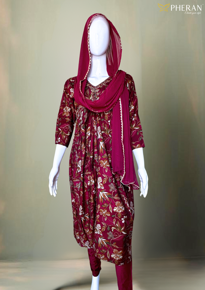 Pheran Deep Maroon Floral Embroidered Kurta Set with Dupatta
(M4-NOR8-MR-SU)