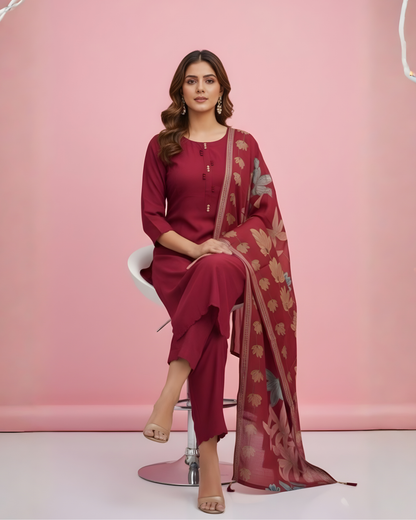 Pheran Women's Ruby Red Modal Suit Set with Floral Print Dupatta  AM75