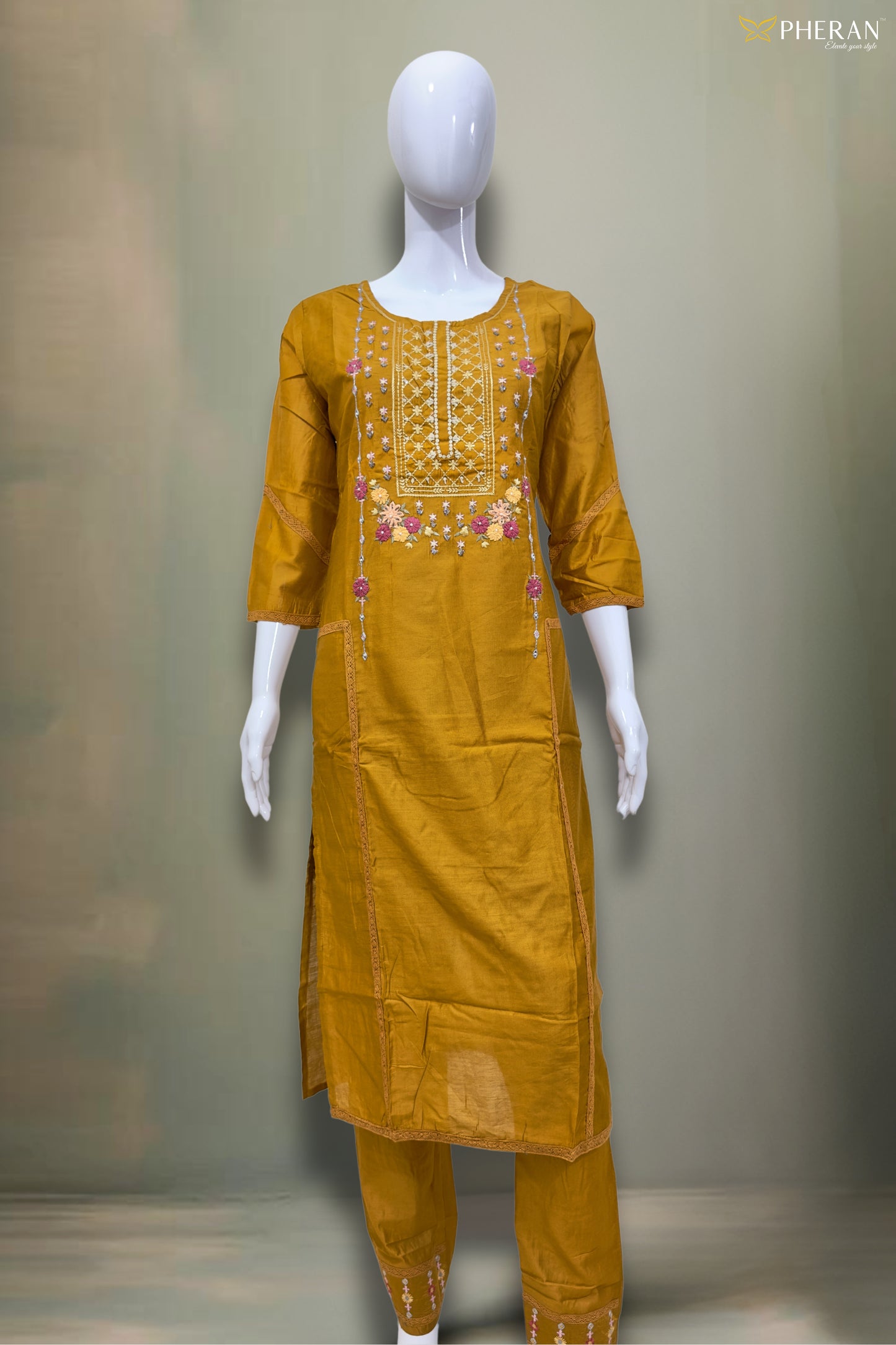 Pheran Mustard Yellow Floral Embroidered Kurta Set with Dupatta (SV-KL74-YL)