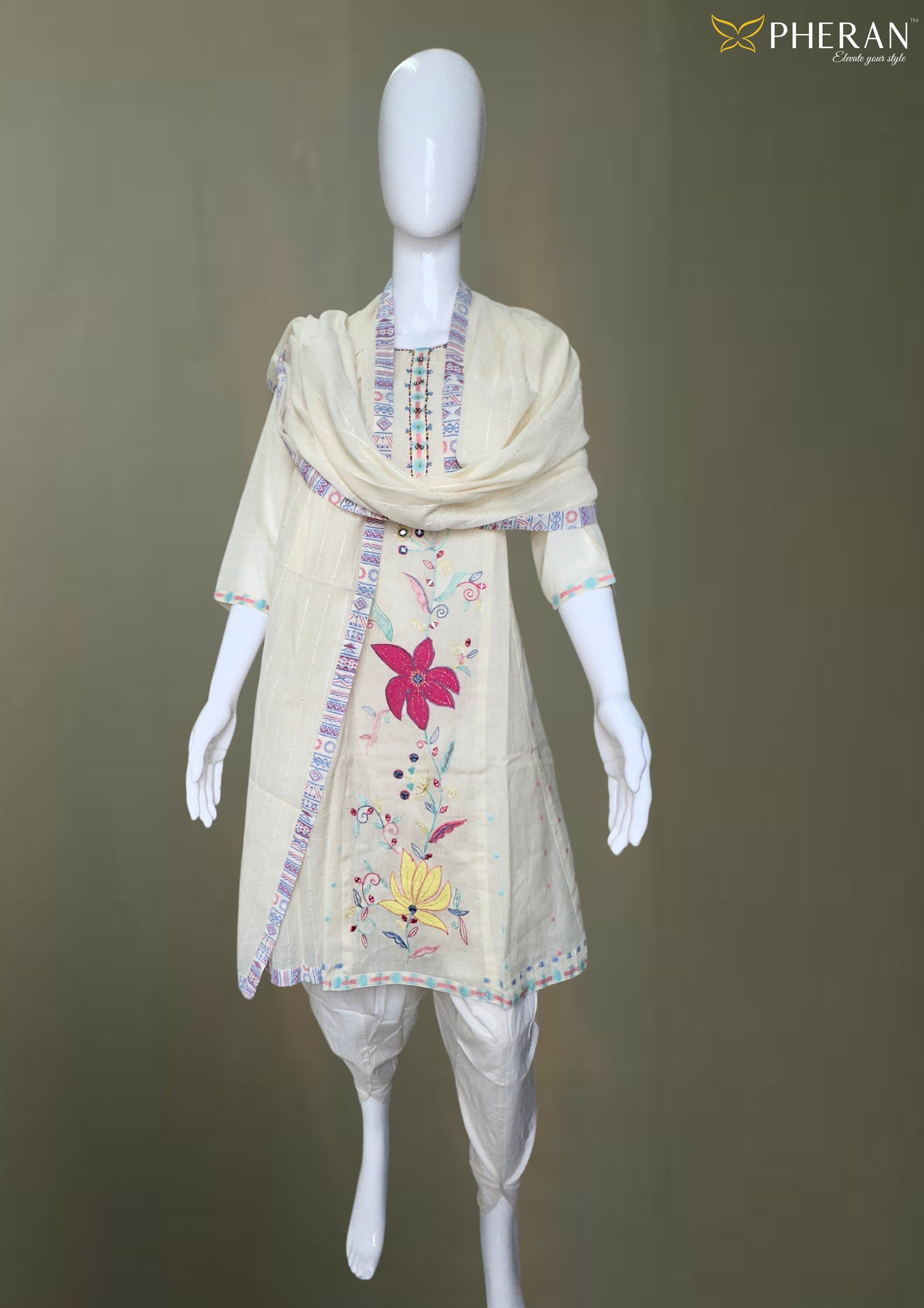 Pheran Cream Cotton Floral Embroidered Kurta Set with Dupatta (BO-DN-107)