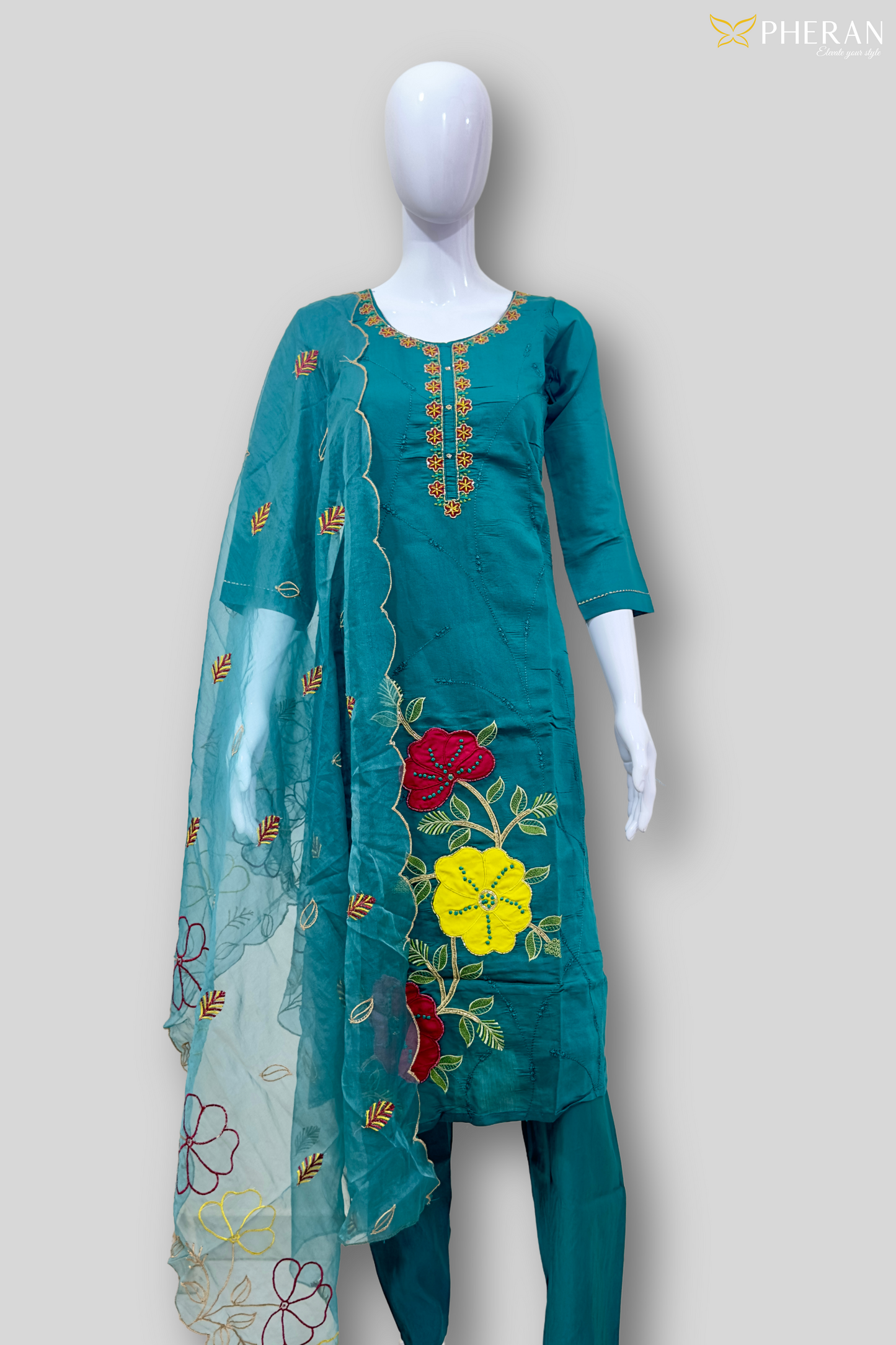 Pheran Teal Floral Embroidered Kurta Set with Organza Dupatta (A2-8TE-95S)