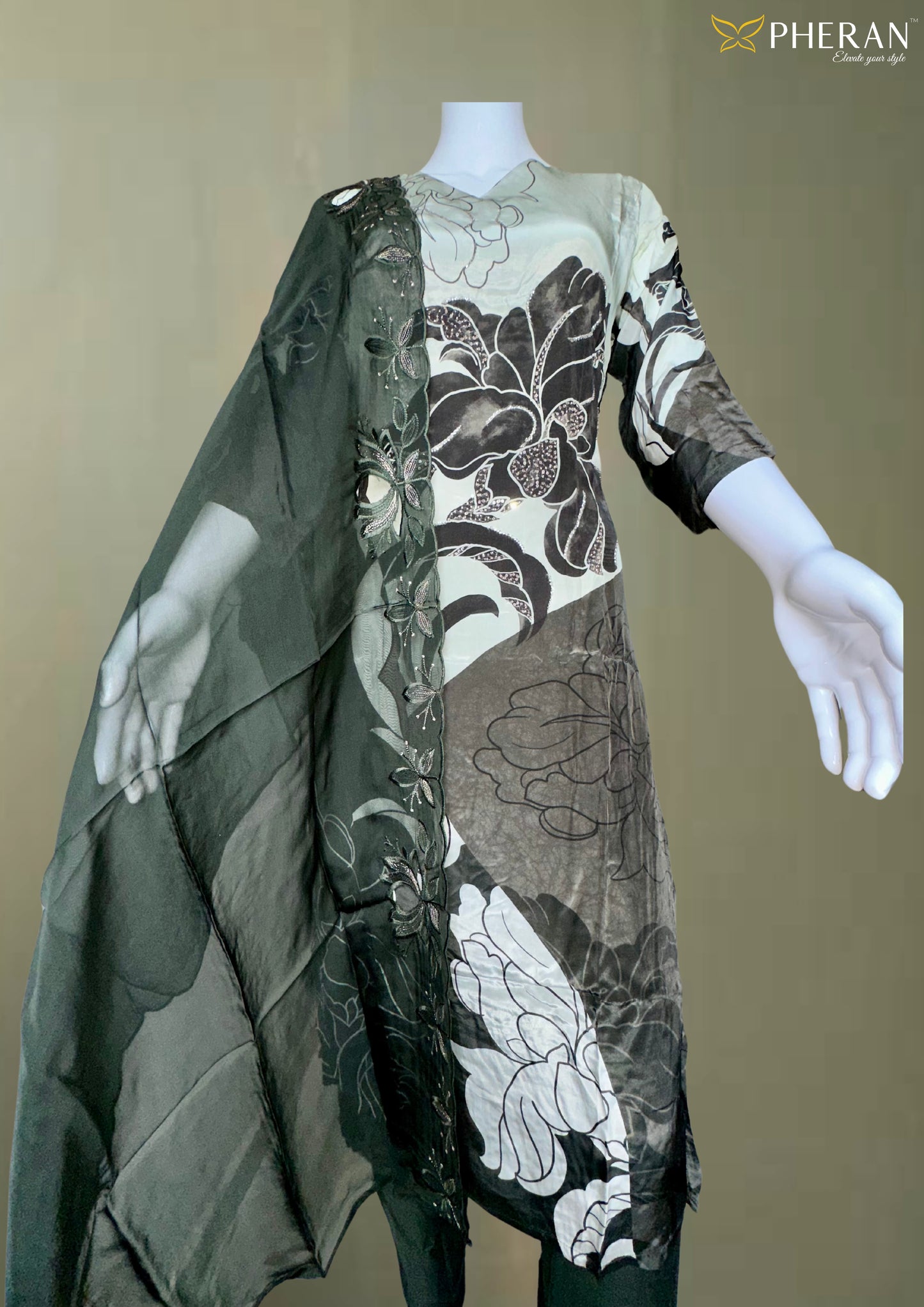 Pheran Green Floral Abstract Silk Kurta Set (BO-4107-GN)