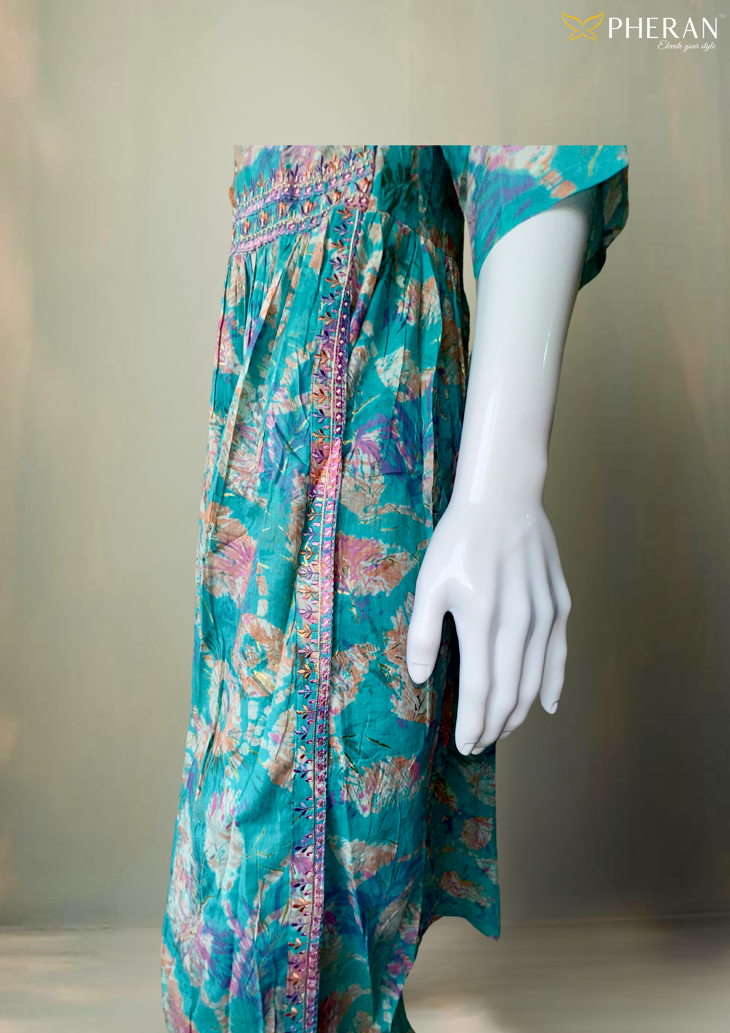 Pheran Premium Women's  Teal Floral Anarkali Suit (M4-1236-SB-AK)