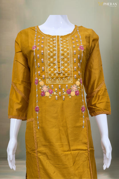 Pheran Mustard Yellow Floral Embroidered Kurta Set with Dupatta (SV-KL74-YL)