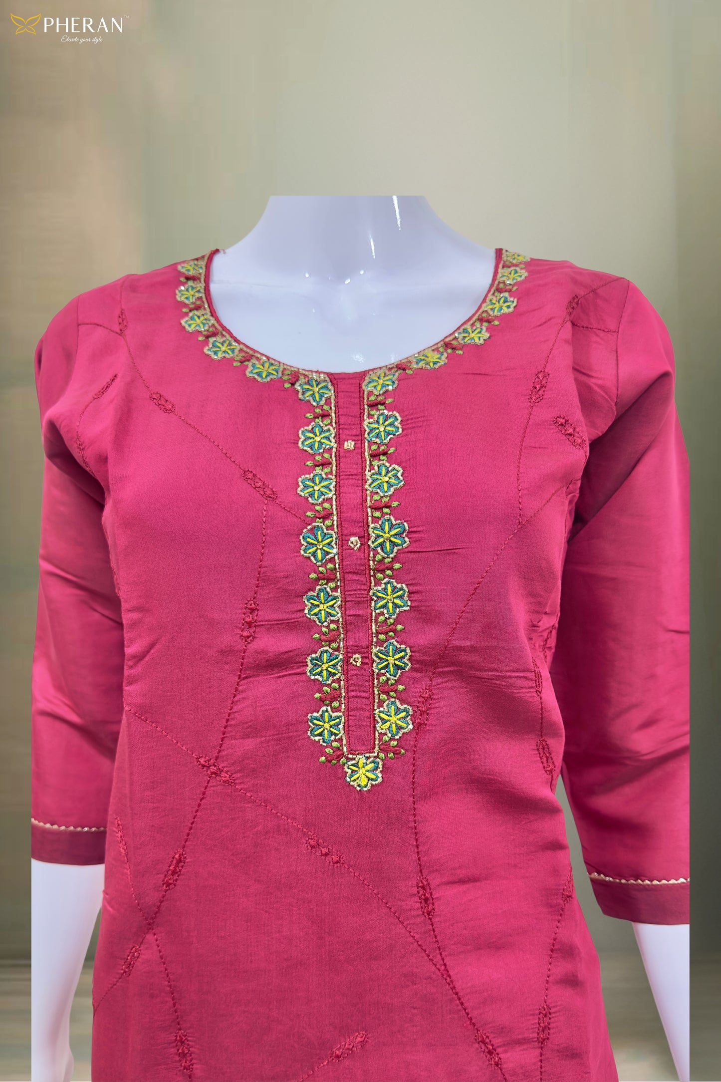 Pheran Pink Floral Embroidered Kurta Set with Organza Dupatta (A2-8PK-95S)