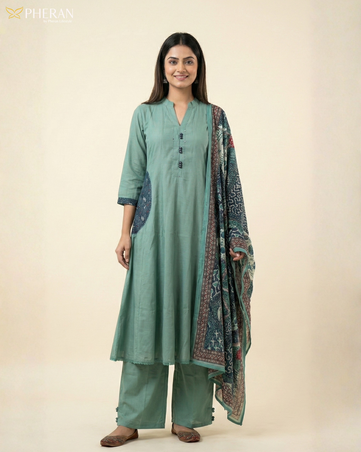 Pheran Women's Sage Green A-Line Suit with Printed Dupatta AM80