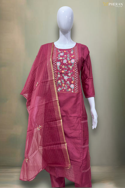 Pheran Deep Maroon Floral Embroidered Kurta Set with Dupatta (SV-KL72-MN)