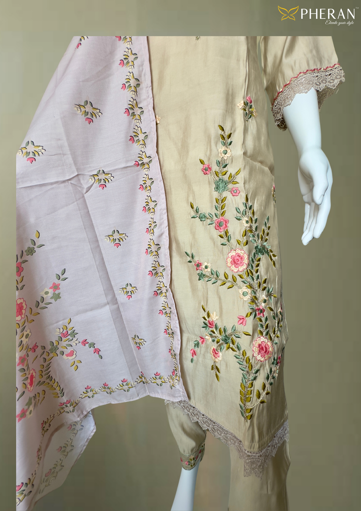 Pheran Beige Floral Embroidered Kurta Set with Light Pink Dupatta (A2-BEP-SU)