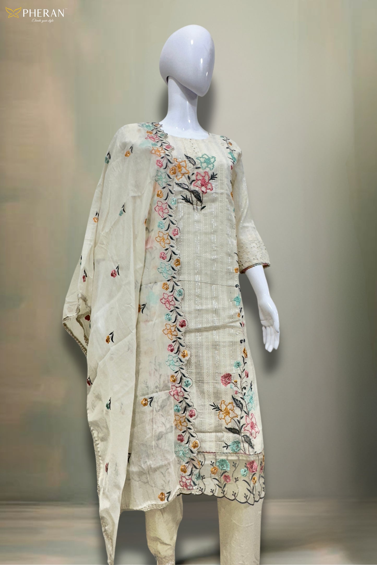 Pheran Women’s Ivory Floral Embroidered Kurta Set with Dupatta