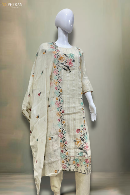 Pheran Women’s Ivory Floral Embroidered Kurta Set with Dupatta