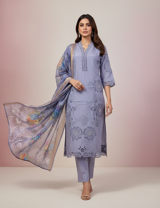 Pheran Women’s Lavender Cutwork Embroidered Kurta Set with Printed Dupatta (A2-2510-LV)