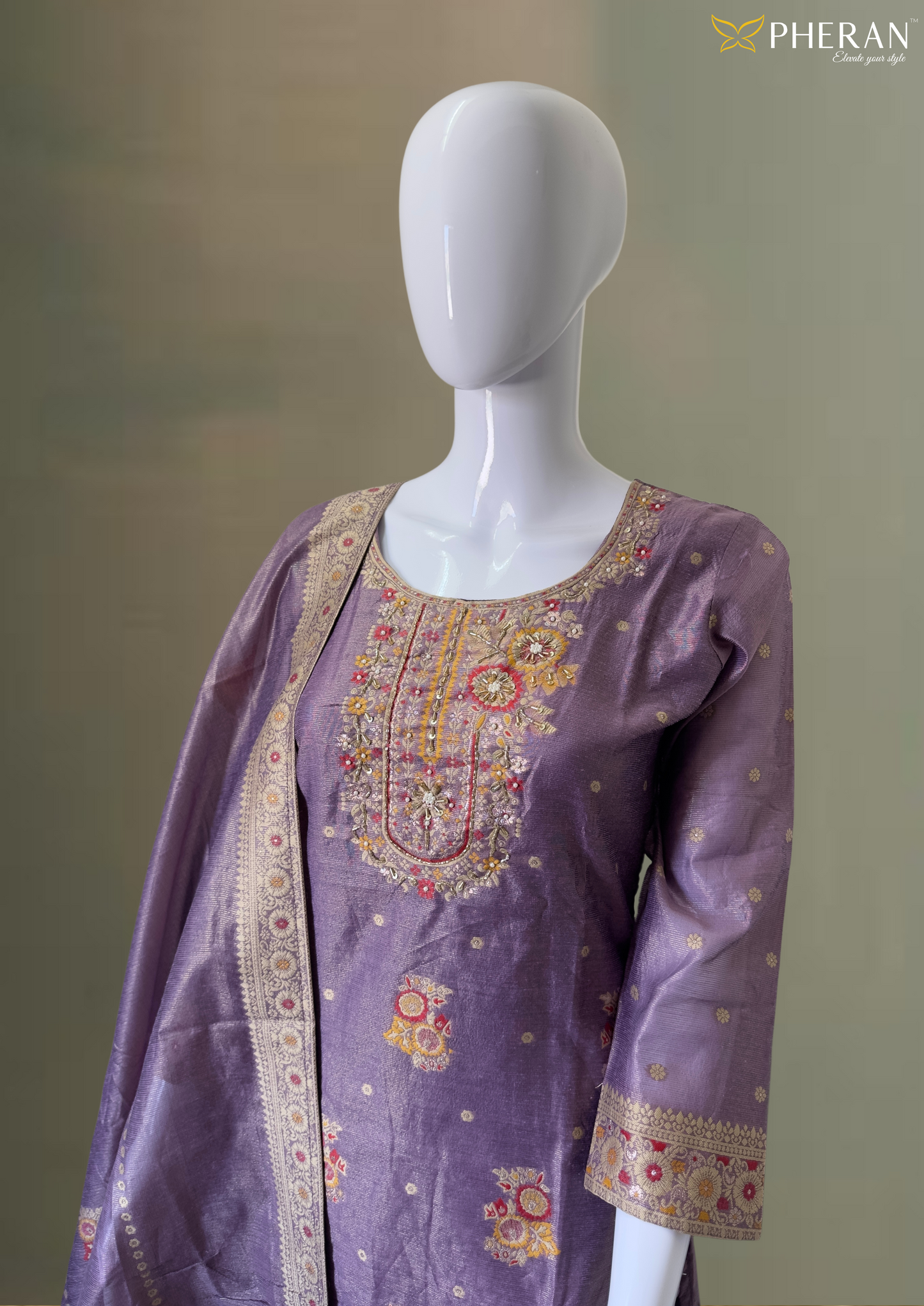 Pheran Exquisite Purple Embroidered Set (Kurta + Pant + Dupatta) BO-A1-0106