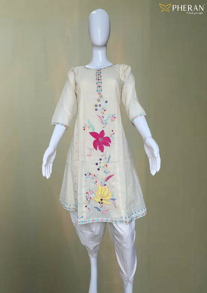 Pheran Cream Cotton Floral Embroidered Kurta Set with Dupatta (BO-DN-107)