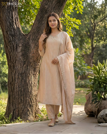 Pheran Women's Elegant Beige Suit Set with Silver Detailing AM76