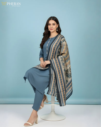 Pheran Women's Teal Blue and Ochre Print Modal Suit Set AM86