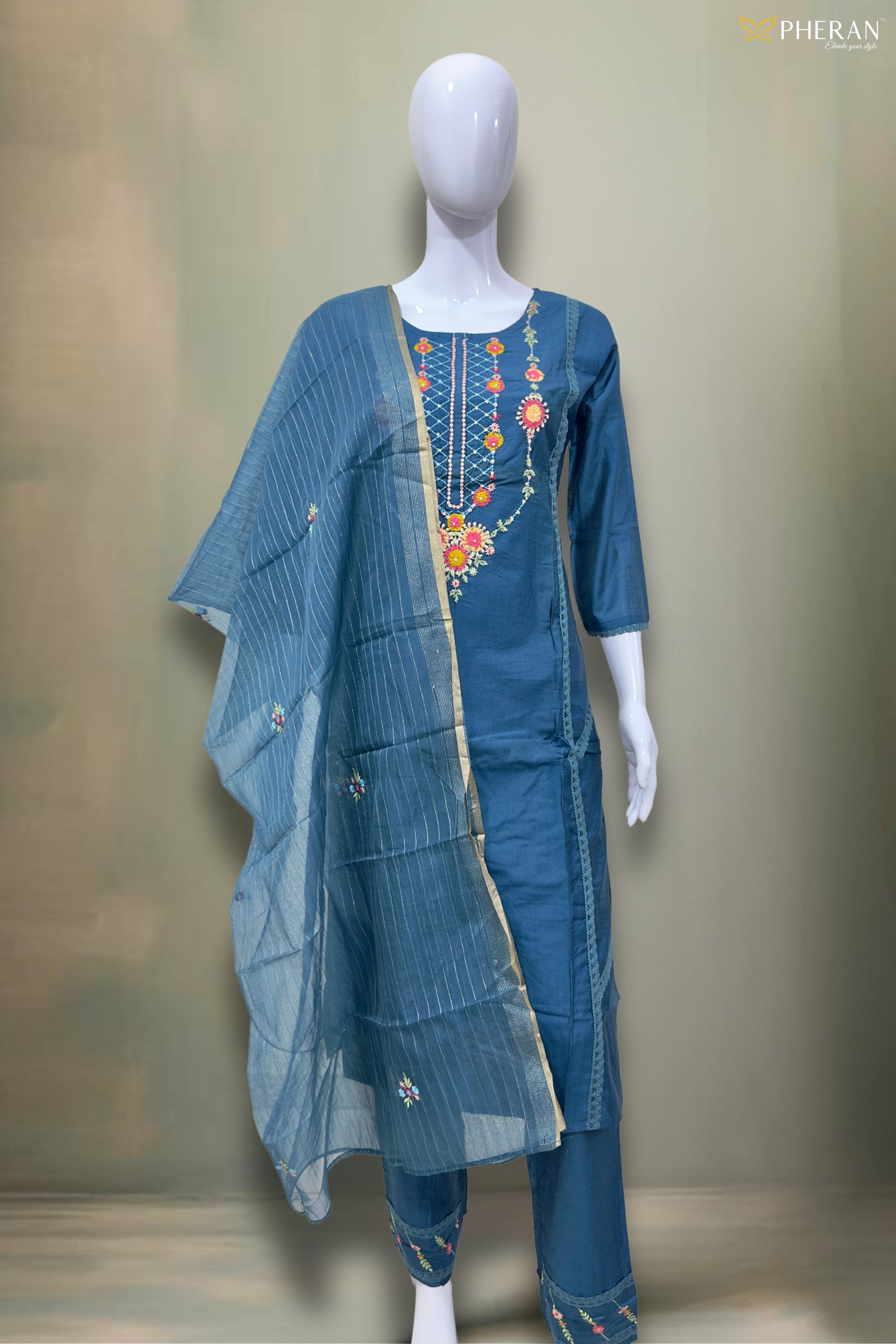 Pheran Deep Blue Embroidered Kurta Set with Dupatta (SV-KL76-BU)