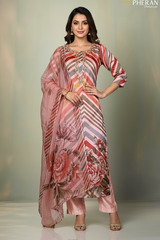 Pheran Peach Multicolored Striped Kurta Set with Floral Dupatta (M4-HE42-PM-SU)
