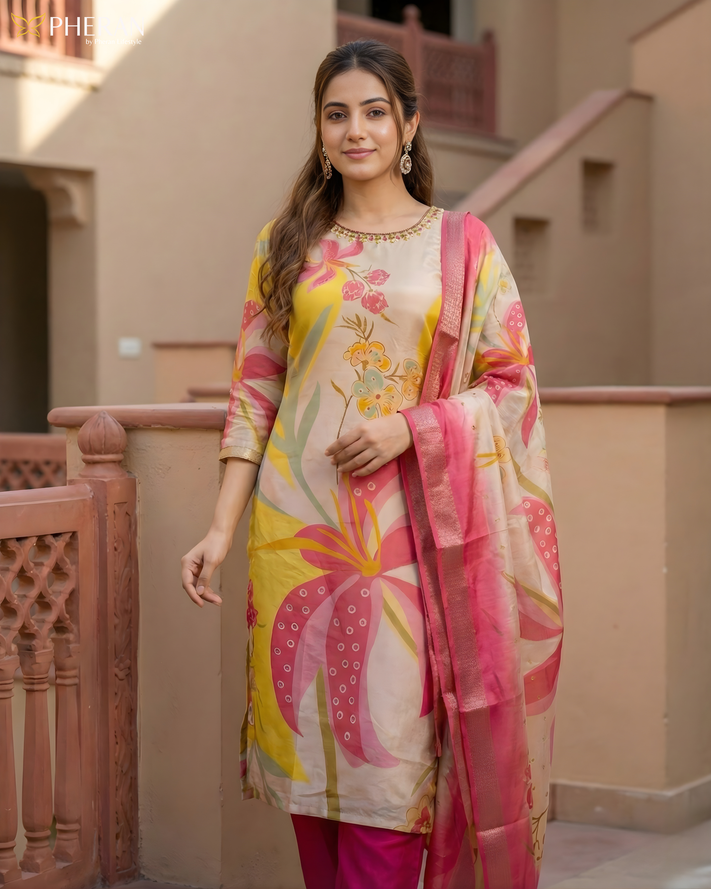 Pheran Multicolor Floral Silk Kurta Set with Dupatta (BO-3313-PK)