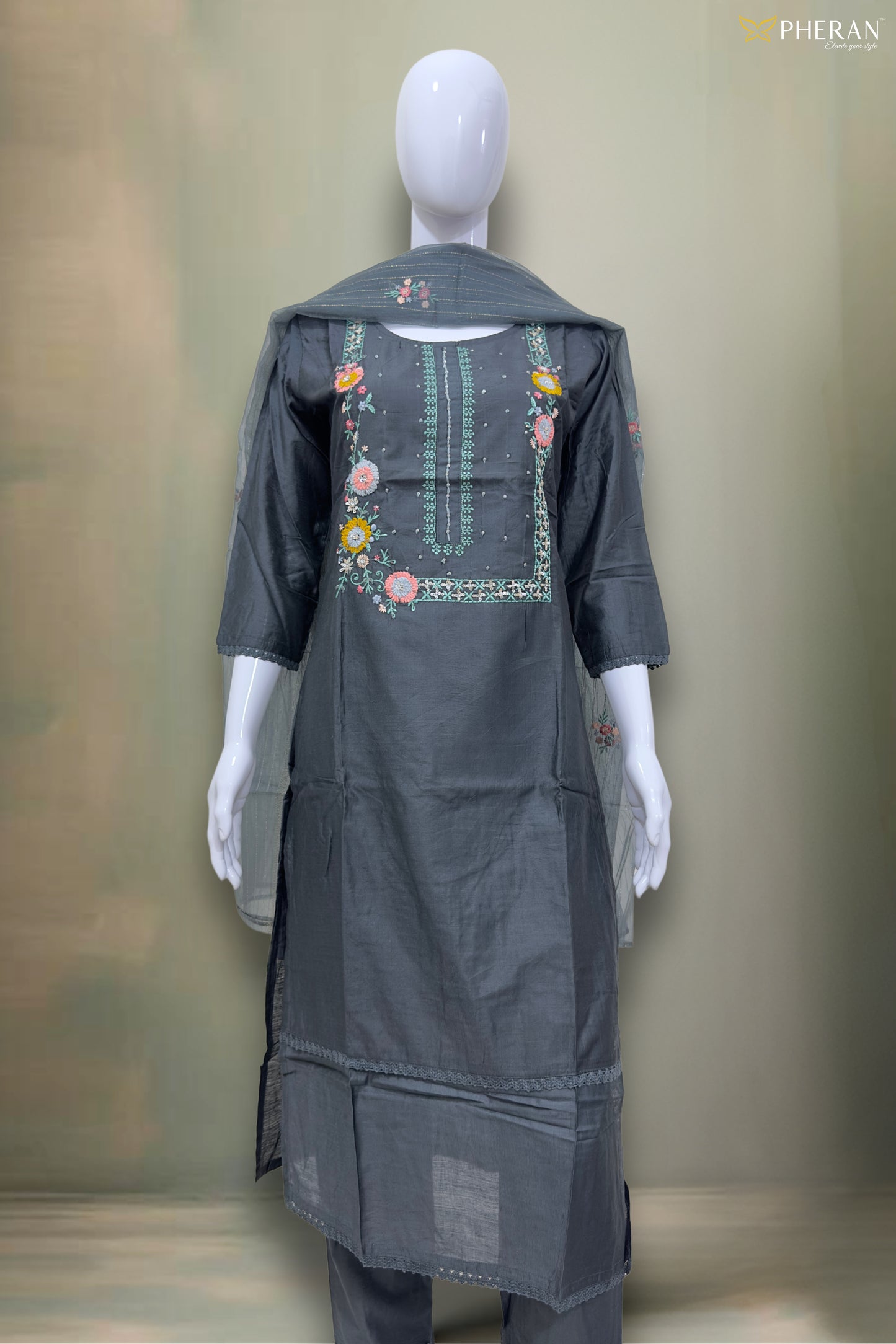 Pheran Charcoal Grey Floral Embroidered Kurta Set with Dupatta (SV-KL71-GR)