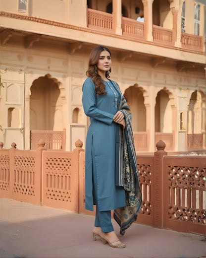 Pheran Women's Teal Blue and Ochre Print Modal Suit Set AM86