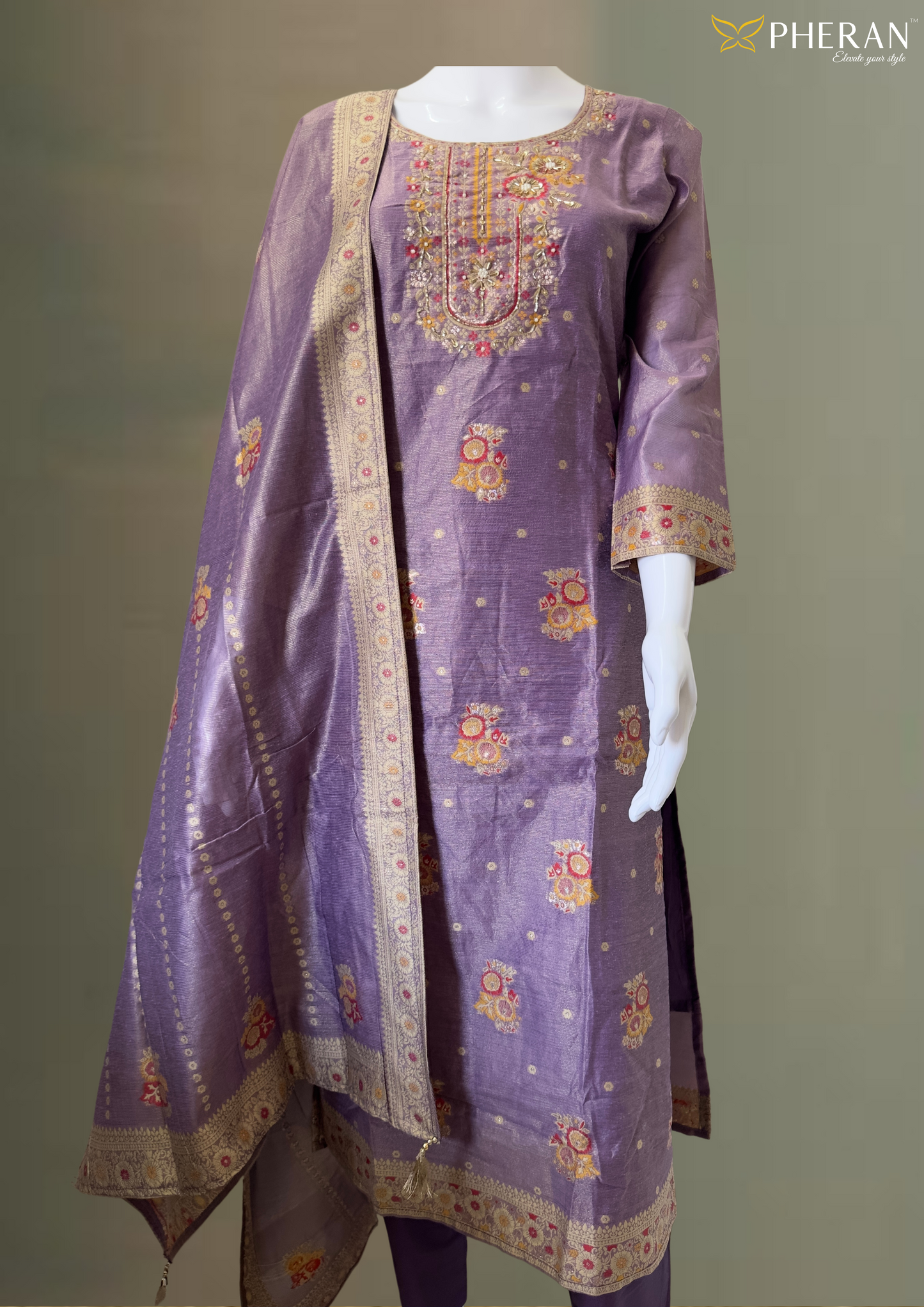 Pheran Exquisite Purple Embroidered Set (Kurta + Pant + Dupatta) BO-A1-0106