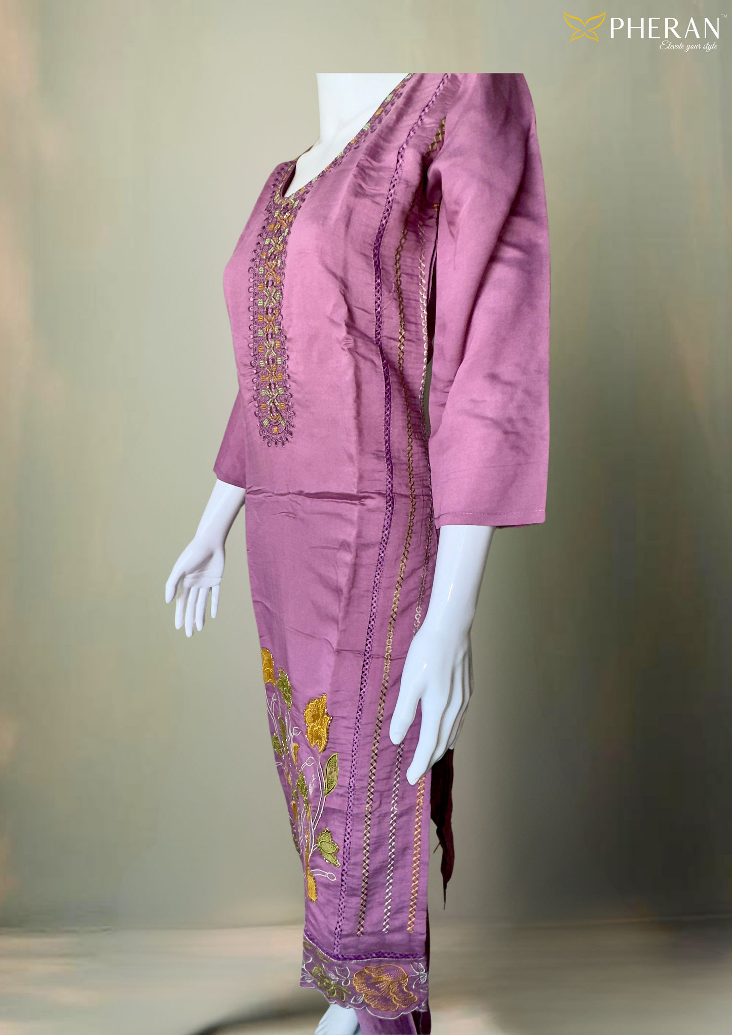 Pheran Lavender Floral Embroidered Kurta Set with Dupatta (A2-LV-SU)