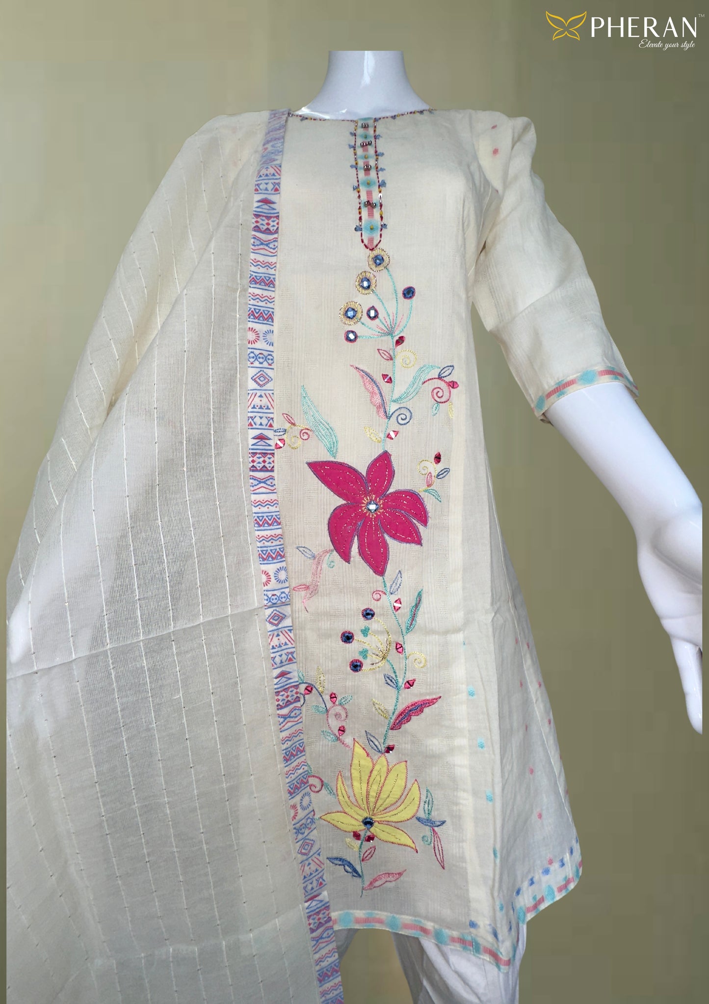 Pheran Cream Cotton Floral Embroidered Kurta Set with Dupatta (BO-DN-107)
