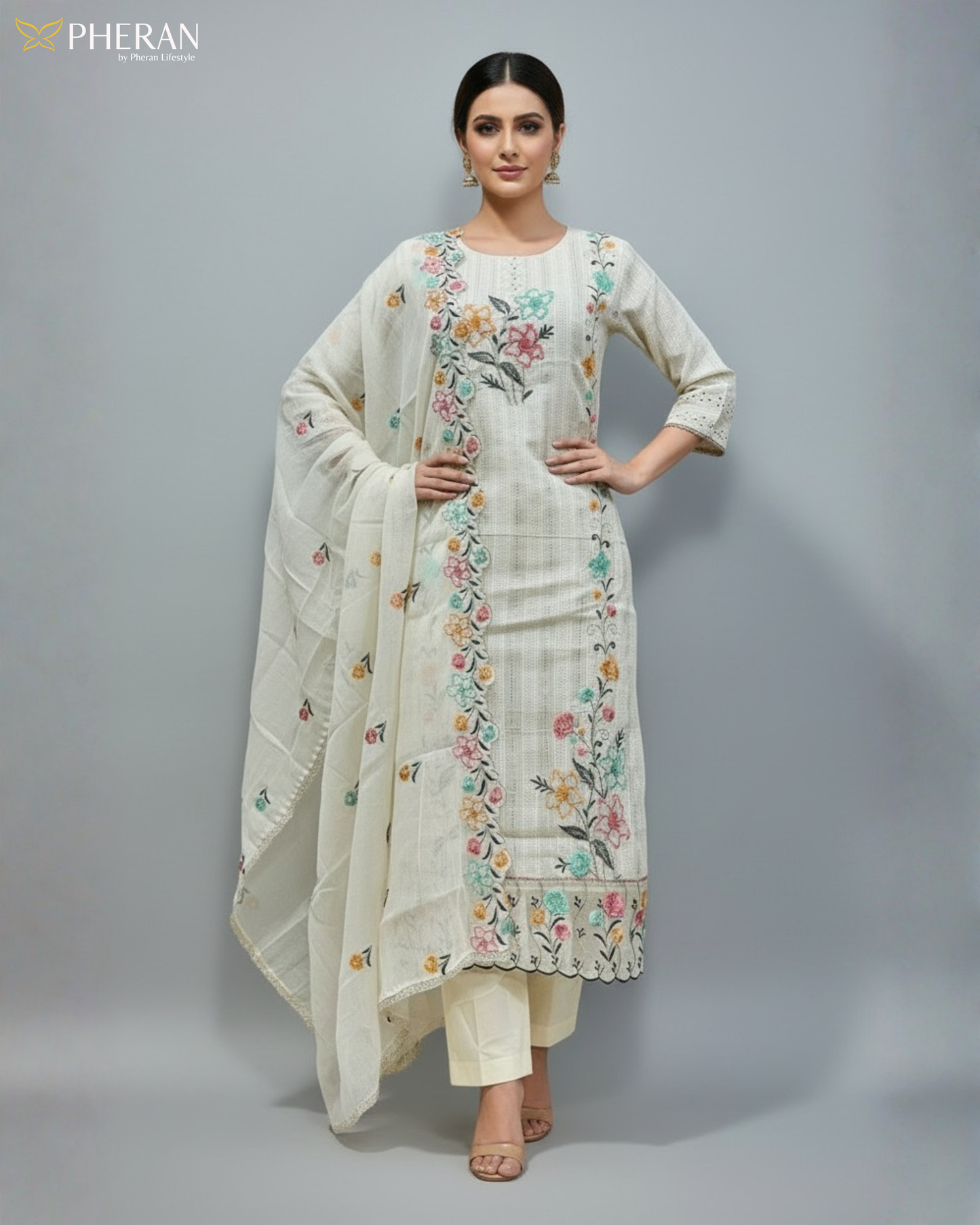 Pheran Women’s Ivory Floral Embroidered Kurta Set with Dupatta