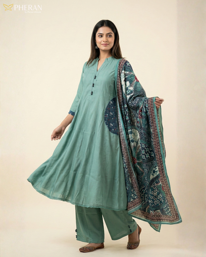Pheran Women's Sage Green A-Line Suit with Printed Dupatta AM80