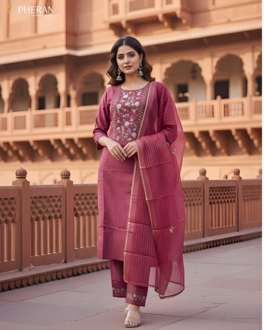 Pheran Deep Maroon Floral Embroidered Kurta Set with Dupatta (SV-KL72-MN)