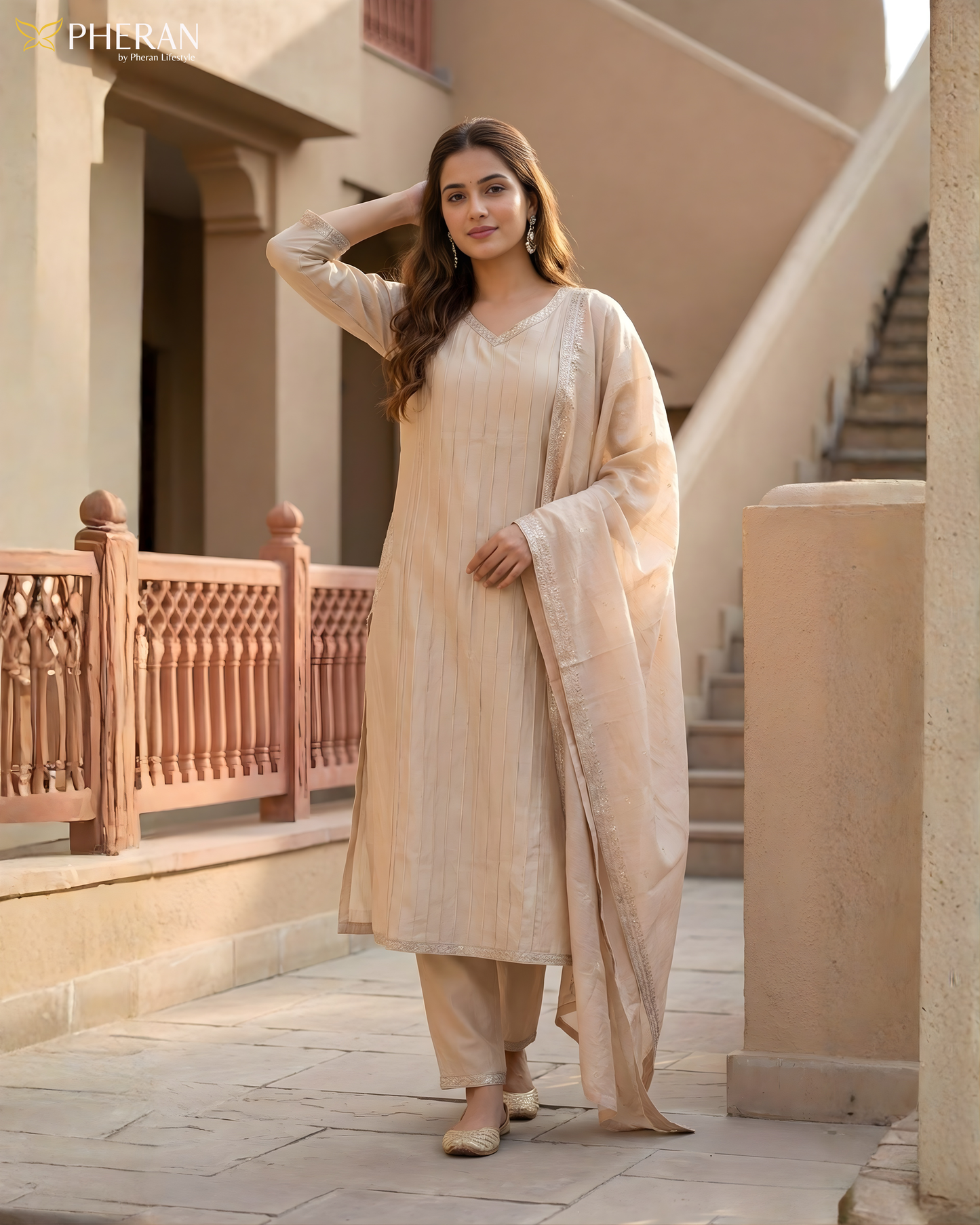 Pheran Women's Elegant Beige Suit Set with Silver Detailing AM76