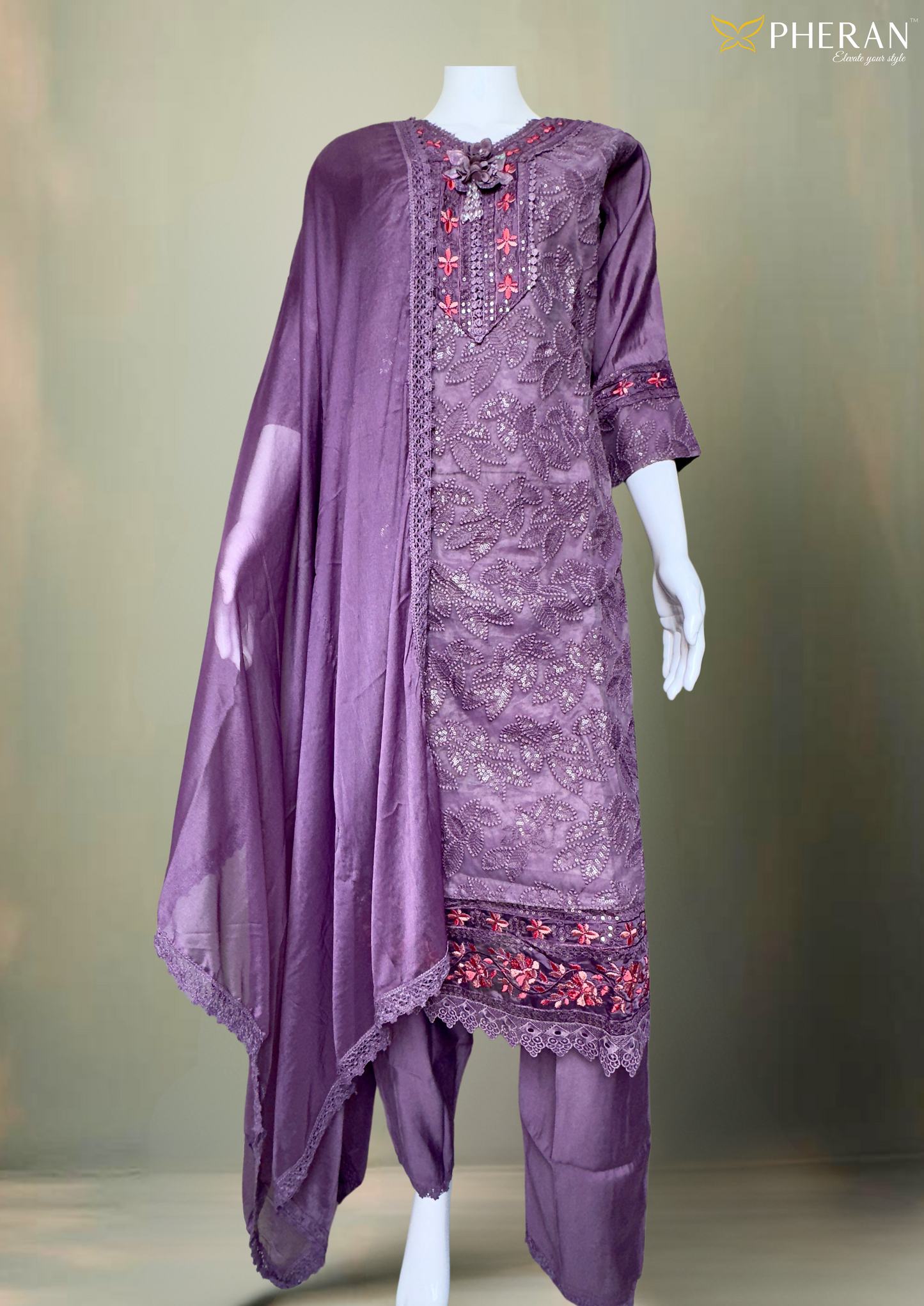 Pheran Mauve Or Purple Embroidered  Kurta Set with Dupatta (A2-PRM-SU)
