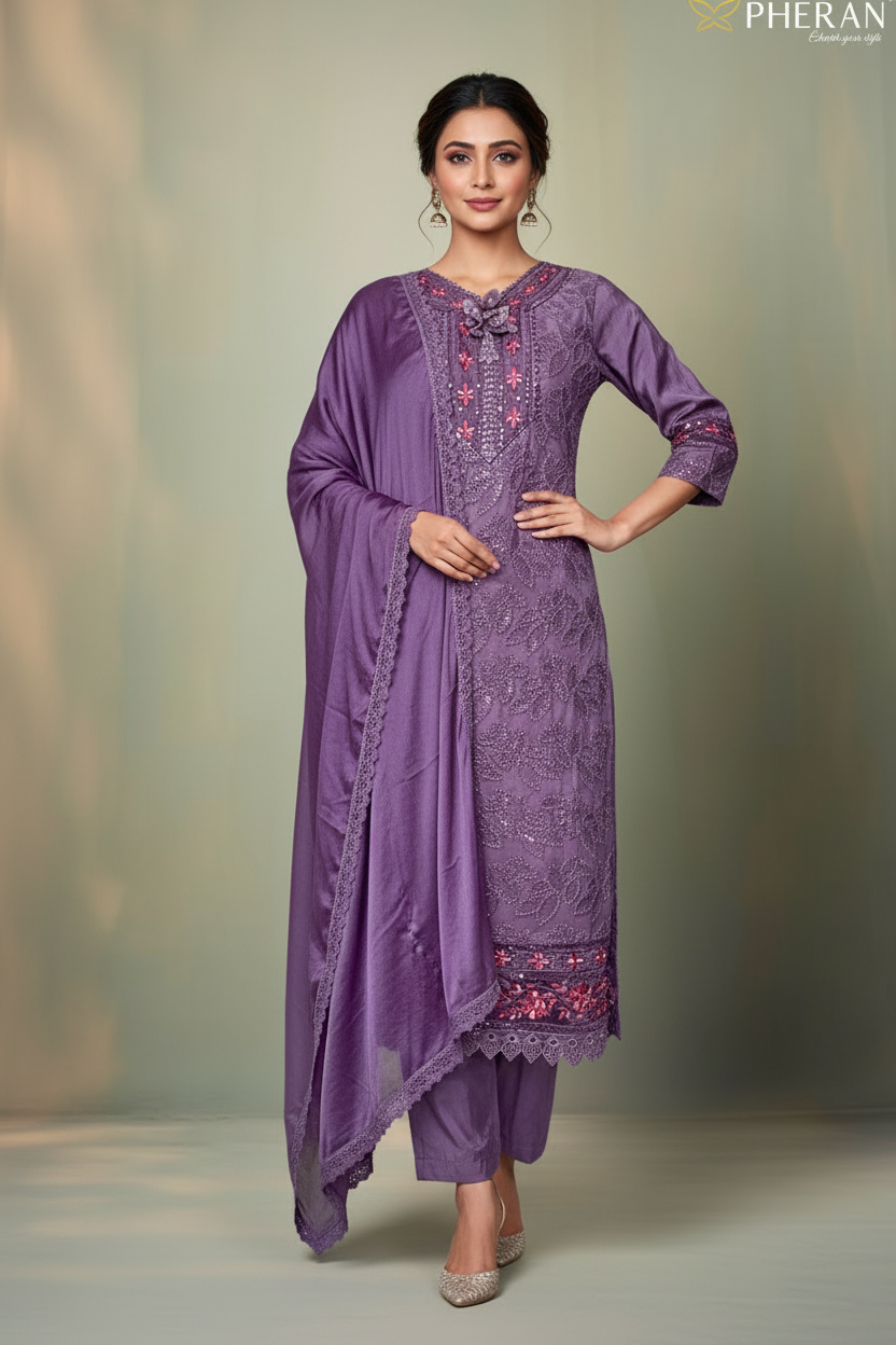 Pheran Mauve Or Purple Embroidered  Kurta Set with Dupatta (A2-PRM-SU)