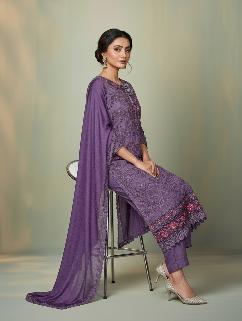 Pheran Mauve Or Purple Embroidered  Kurta Set with Dupatta (A2-PRM-SU)