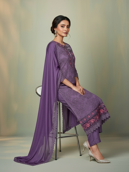 Pheran Mauve Or Purple Embroidered  Kurta Set with Dupatta (A2-PRM-SU)