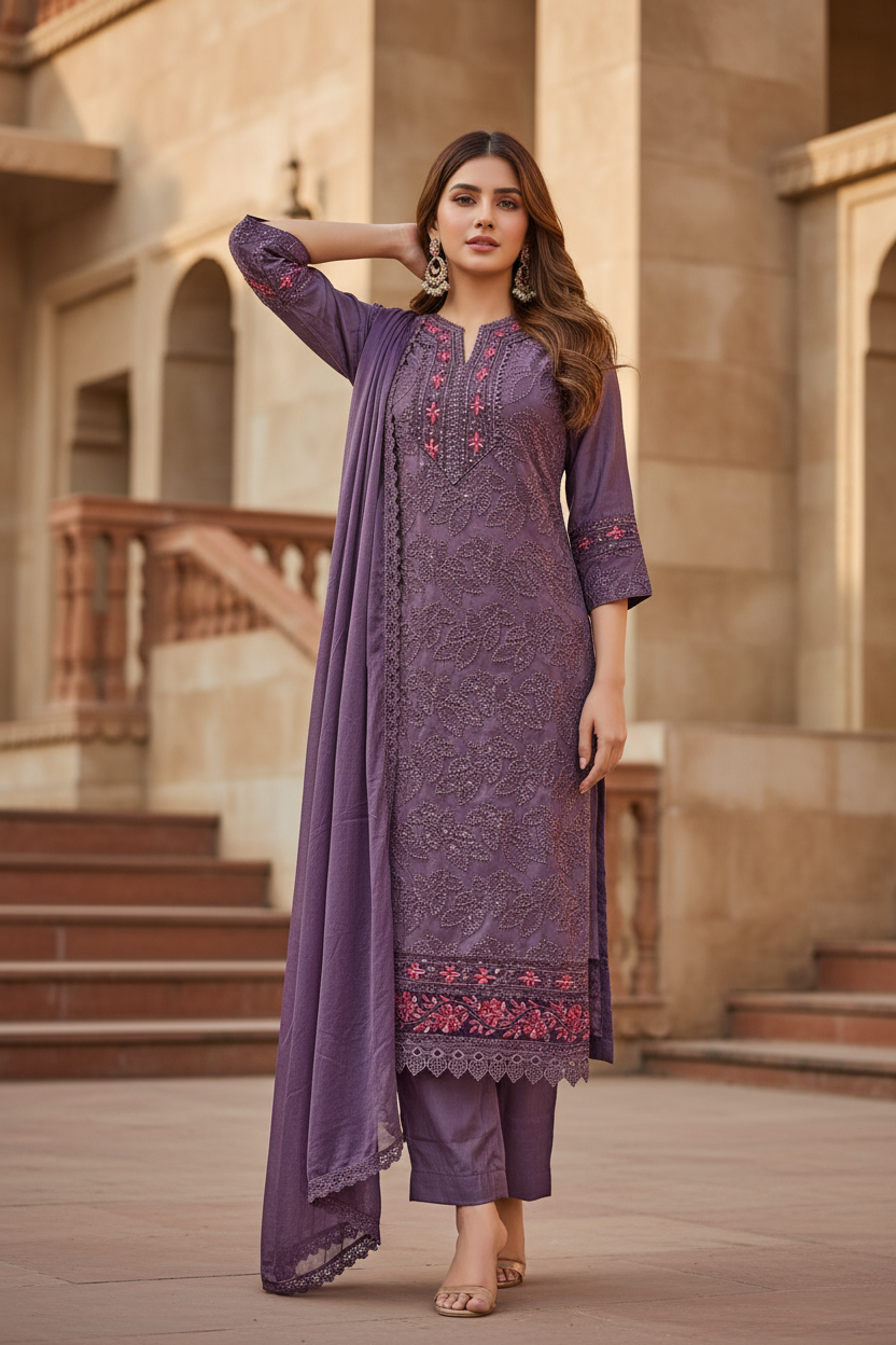 Pheran Mauve Or Purple Embroidered  Kurta Set with Dupatta (A2-PRM-SU)