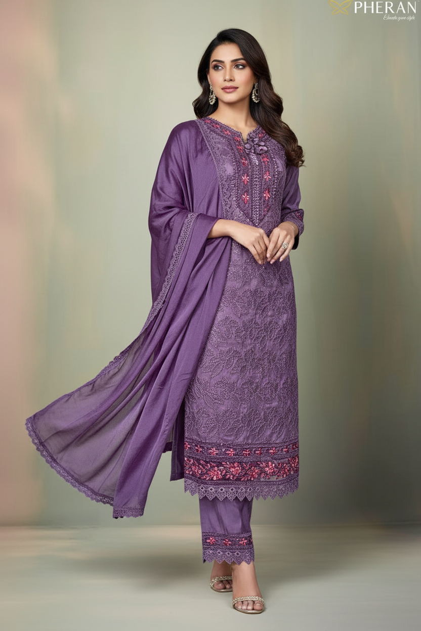 Pheran Mauve Or Purple Embroidered  Kurta Set with Dupatta (A2-PRM-SU)