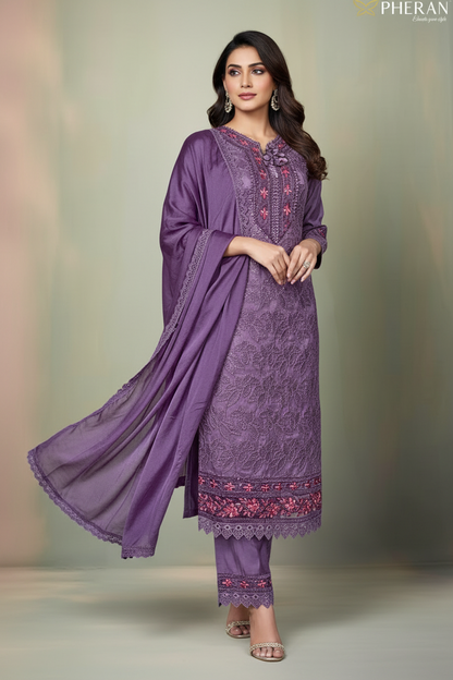 Pheran Mauve Or Purple Embroidered  Kurta Set with Dupatta (A2-PRM-SU)