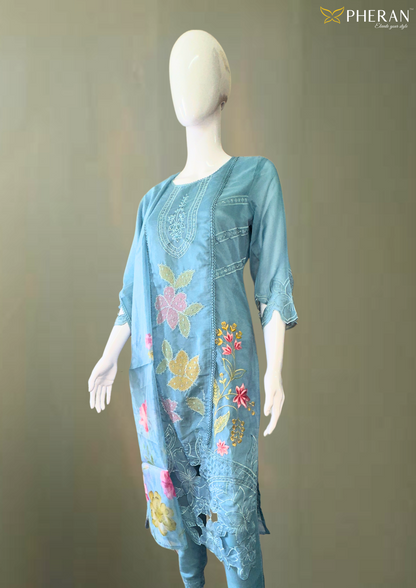 Embroidered Sky Blue Floral Suit (BO-1848-SB)
