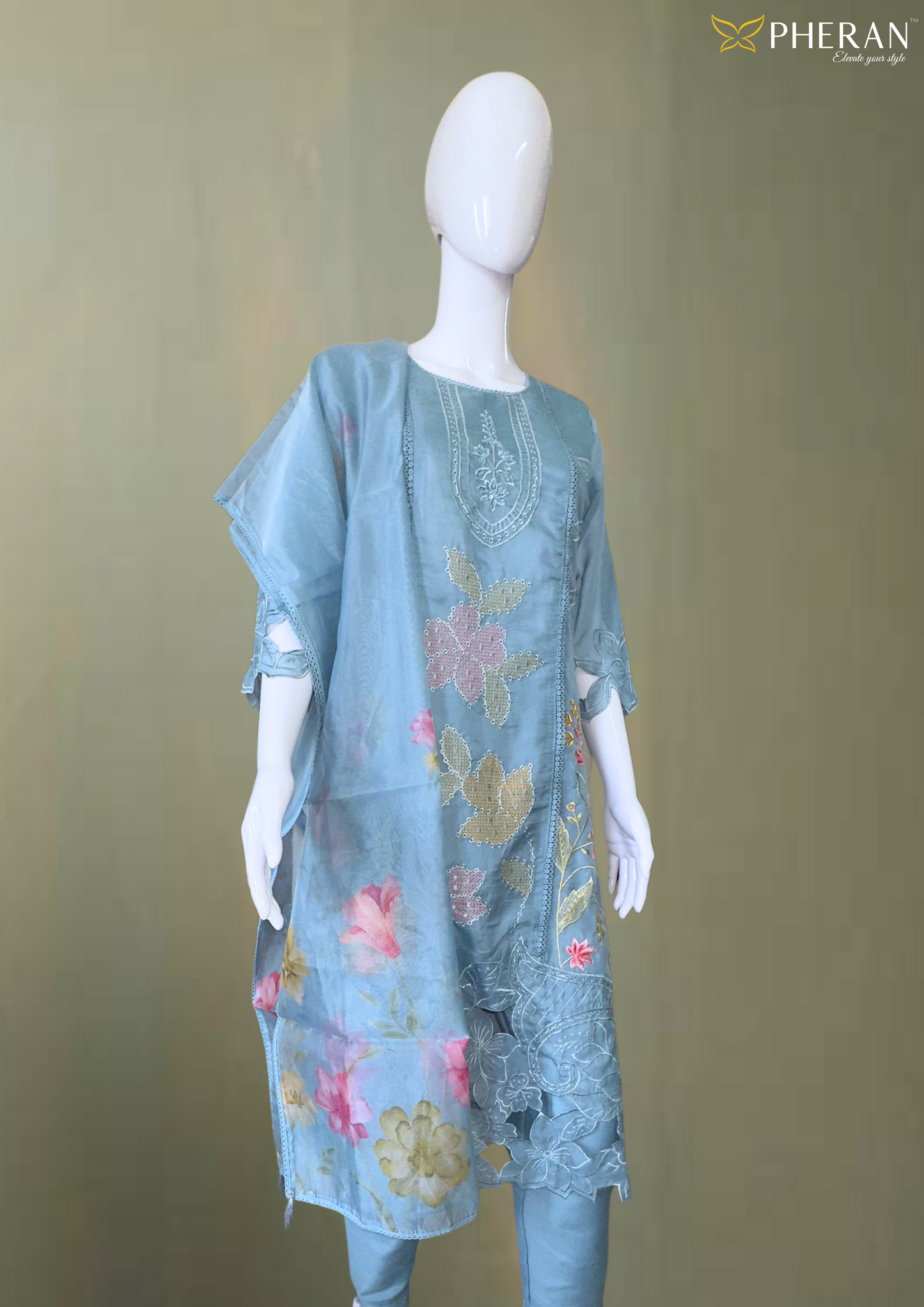 Embroidered Sky Blue Floral Suit (BO-1848-SB)