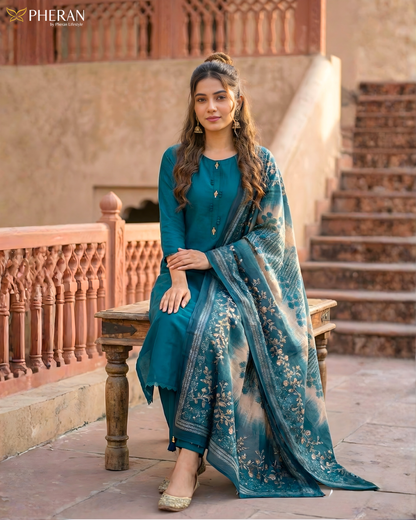 Pheran Women's Deep Teal Suit Set with Kalamkari-Inspired Print Dupatta AM77