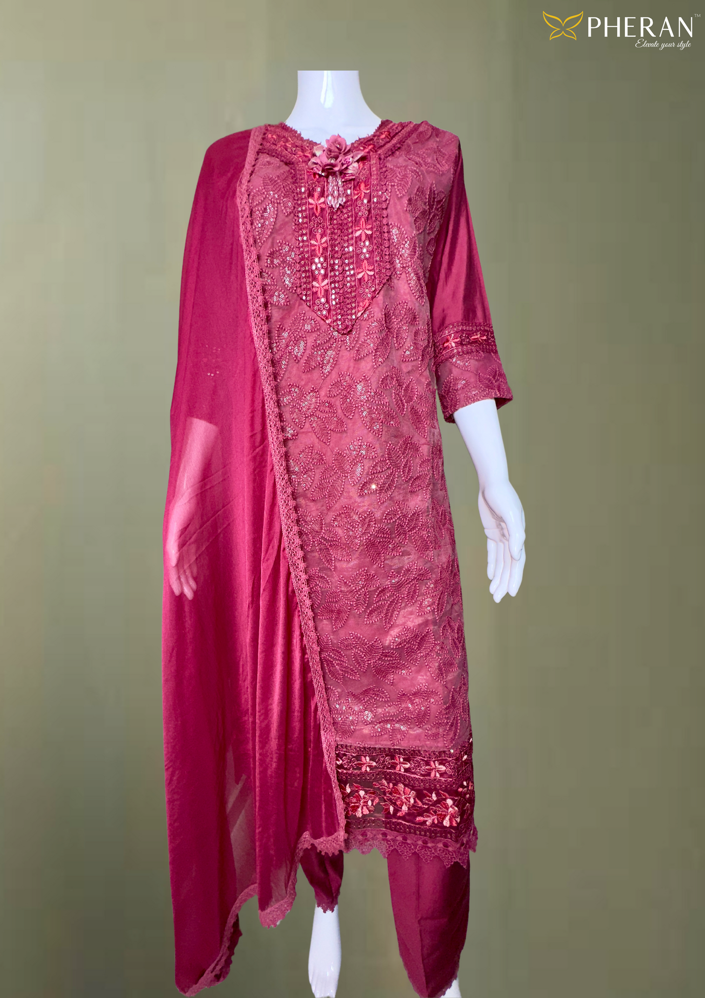 Pheran Maroon Embroidered Kurta Set with Dupatta (A2-MR)