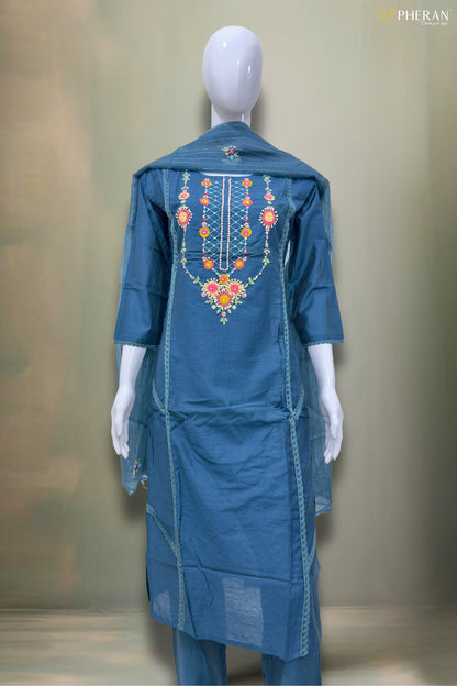 Pheran Deep Blue Embroidered Kurta Set with Dupatta (SV-KL76-BU)
