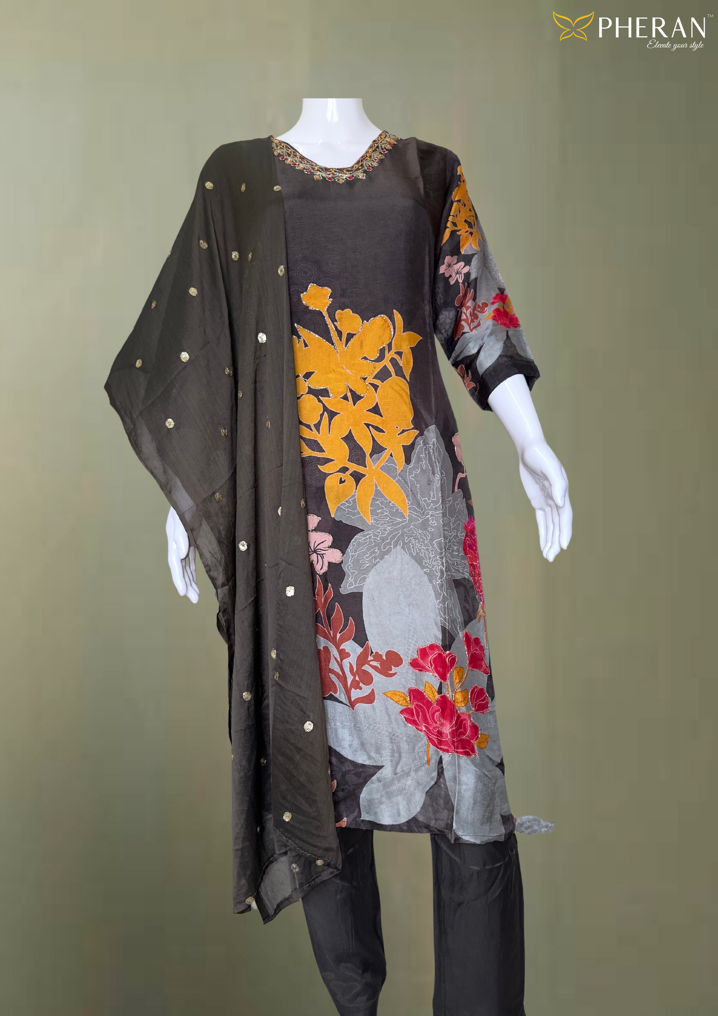 Pheran Black Floral Embroidered Silk Kurta Set with Dupatta (BO-FC-1034)