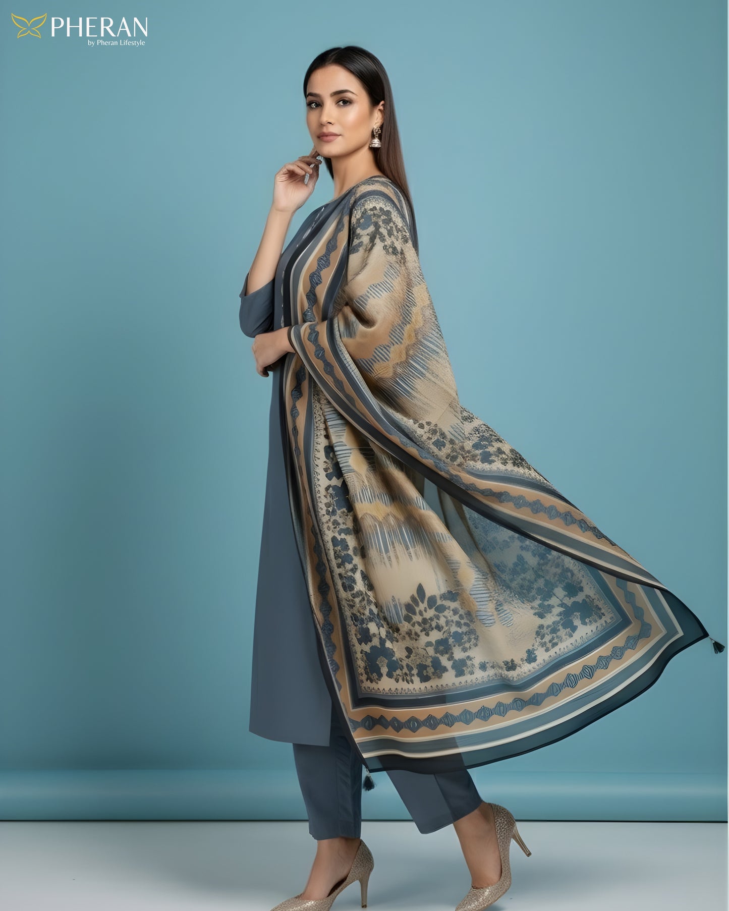 Pheran Women's Teal Blue and Ochre Print Modal Suit Set AM86