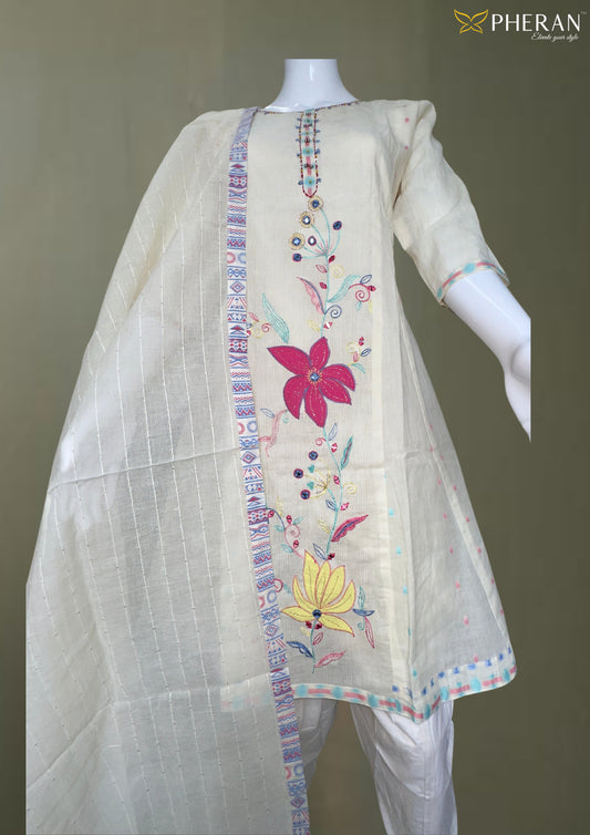 Pheran Cream Cotton Floral Embroidered Kurta Set with Dupatta (BO-DN-107)