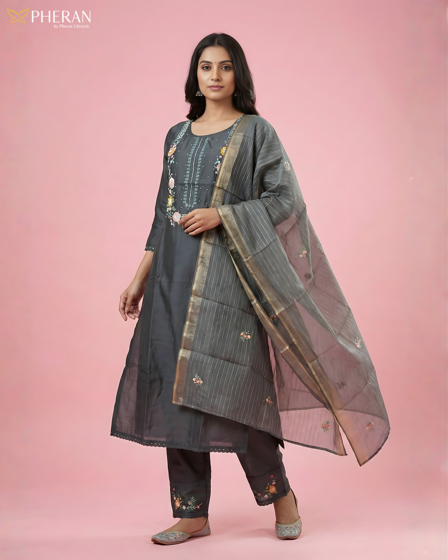 Pheran Charcoal Grey Floral Embroidered Kurta Set with Dupatta (SV-KL71-GR)