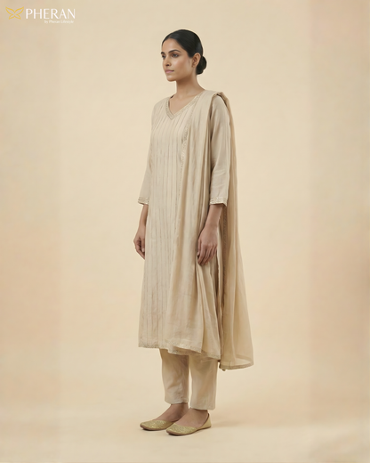 Pheran Women's Elegant Beige Suit Set with Silver Detailing AM76