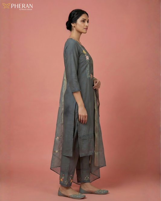 Pheran Charcoal Grey Floral Embroidered Kurta Set with Dupatta (SV-KL71-GR)