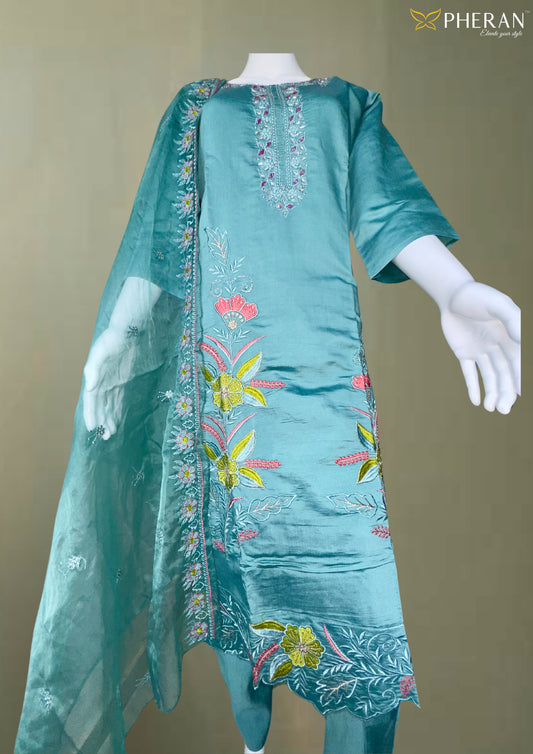 Pheran Teal Floral Embroidered Silk Blend Kurta Set with Organza Dupatta (A2-TGB-SU)